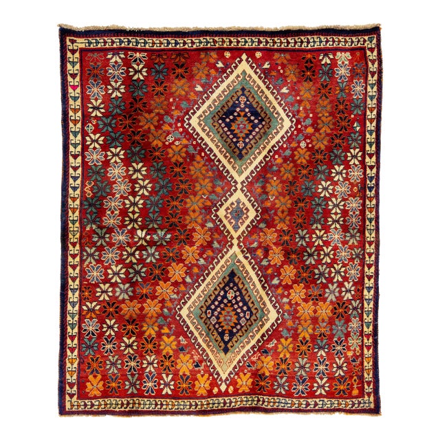 Vintage Handmade Shiraz Wool Scatter Rug in Red With Allover Floral Design For Sale