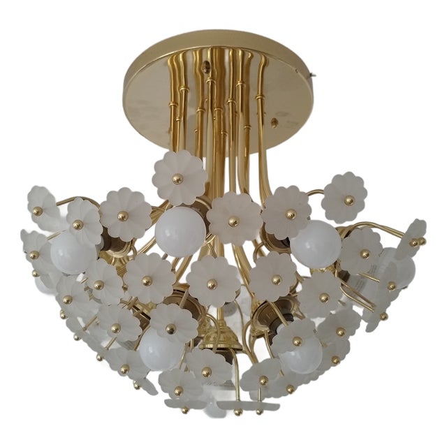 Italian Floral Brass Chandelier, 1970s For Sale