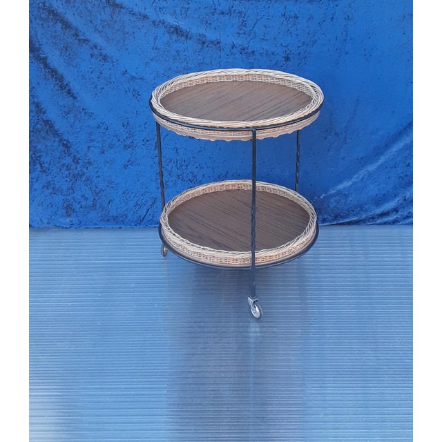 1970s Vintage Round Side Table on Wheels with Wicker Frame, 1970s For Sale - Image 5 of 5