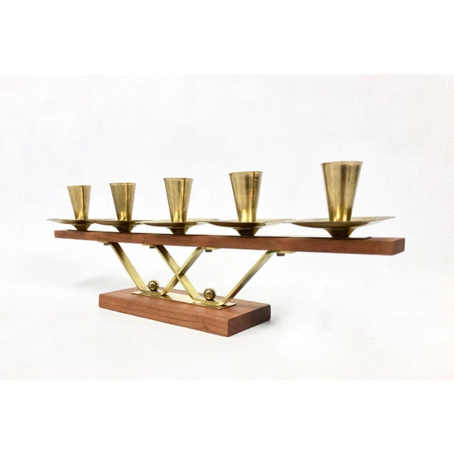 Mid-Century German Teak and Brass Candleholder, 1950s, in Restored conditions. Designed 1950 to 1959