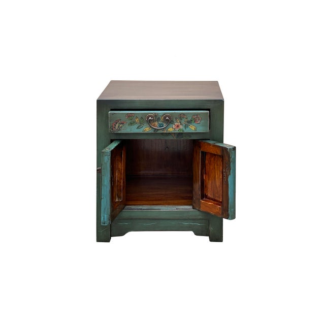 Oriental Distressed Teal Green Flowers Graphic End Table Nightstand For Sale - Image 4 of 8