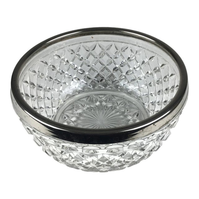 Vintage 1960s Cut Crystal Silver Plate Rim Bowl, Made in England For Sale