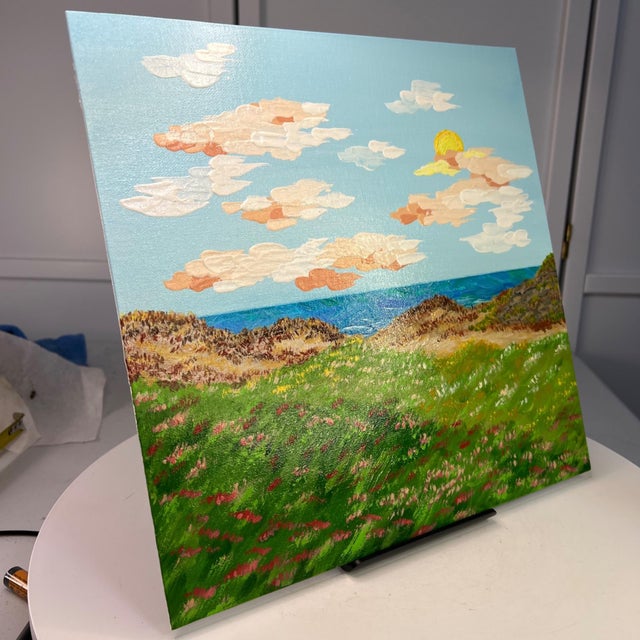 Contemporary Sunset by the Seaside Acrylic Painting 12"x12" Tropical Landscape Wall Art For Sale - Image 3 of 7
