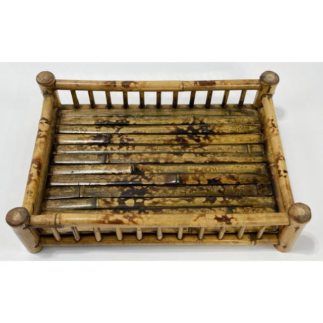 Vintage Scorched Rattan Split Reed Railed Tray For Sale - Image 4 of 10