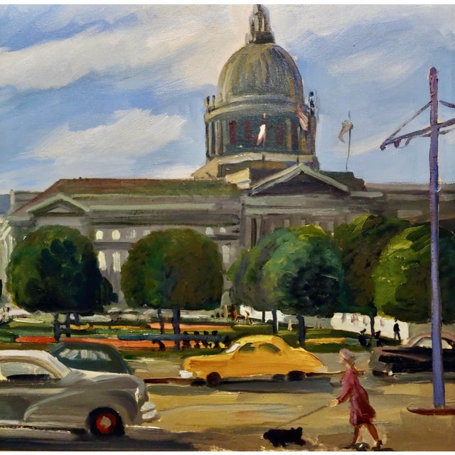 Victor Arnautoff -Woman Walking Her Dog in 1948 Downtown San Francisco-Oil Painting For Sale - Image 4 of 11