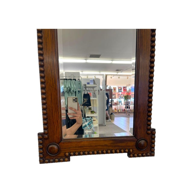 Antique Bobbin Turned Oak Wall Mirror – Arts and Crafts Style Spool Beaded Wood Frame With Beveled Glass For Sale - Image 9 of 10