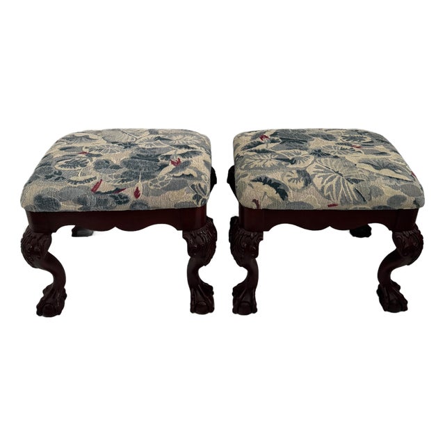 Late 20th Century Scalamandre Ninfee Lily Pad Upholstered Ball & Claw Chippendale Foot Stools For Sale