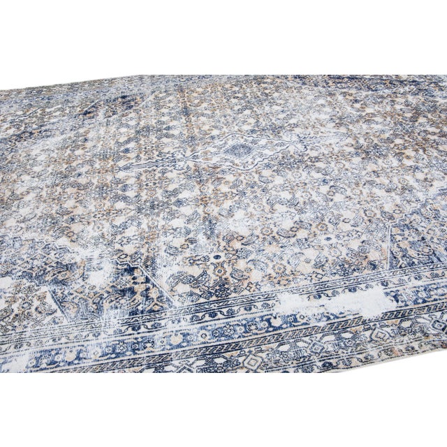 Beige 1960s Vintage Persian Malayer Distressed Beige Handmade Medallion Wool Rug For Sale - Image 8 of 11