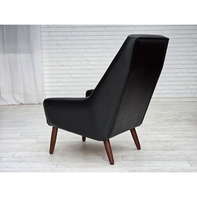Danish Highback Armchair in Black Leatherette and Teak, 1970s For Sale - Image 12 of 18