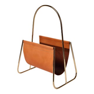 Carl Auböck Model #4019-2 Cognac Leather and Brass Magazine Rack For Sale