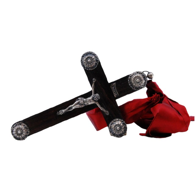 Wooden Cross with Silver Applications and Jesus Crucified with Red Fabric For Sale - Image 9 of 9