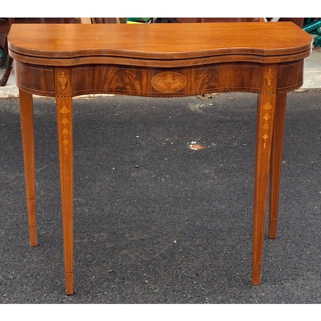 Pair of 19th Century Federal Satinwood Inlaid Mahogany Fold Top Card or Console Tables For Sale - Image 14 of 15
