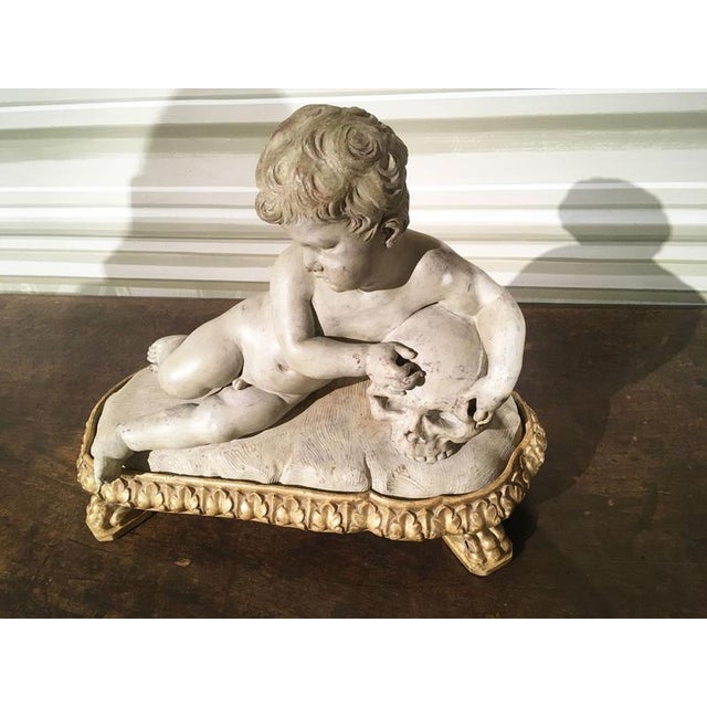 Memento Mori Child Skull Figure Sculpture, Faux White Marble, Late 17th Century For Sale - Image 4 of 17