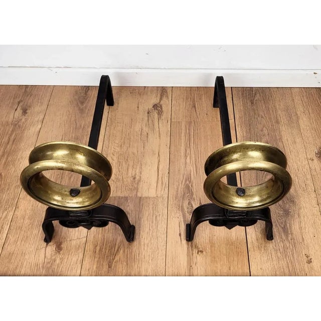 Hollywood Regency Italian Brass and Wrought Iron Andirons, 1970s, Set of 2 For Sale - Image 3 of 7