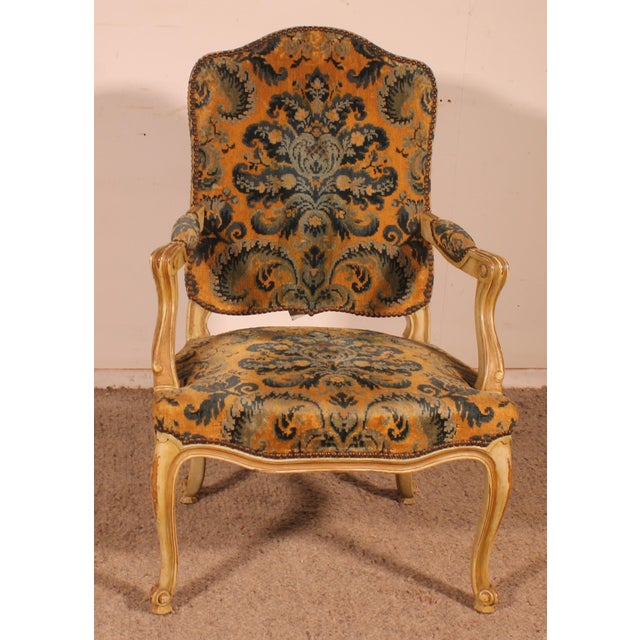 19th Century Louis XV Carved and Painted Armchair For Sale - Image 4 of 12