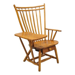 Vintage Hunt Country Furniture Pine Wood Writing Desk Windsor Chair W/ Drawer For Sale