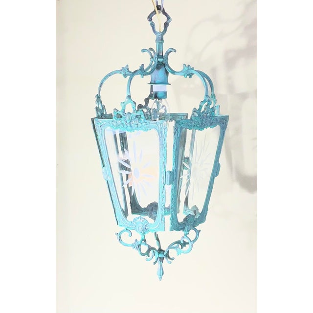Metal Antique Style Solid Brass Hanging Hallway Lantern W/ Etched Starburst Glass For Sale - Image 7 of 16