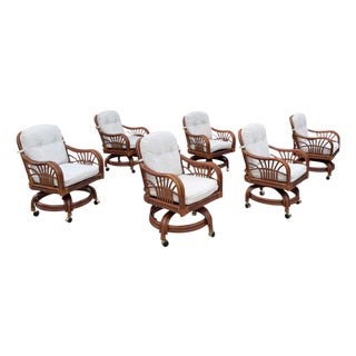 Vintage Sunburst Rattan Swivel Armchairs on Casters, Set of 6 For Sale