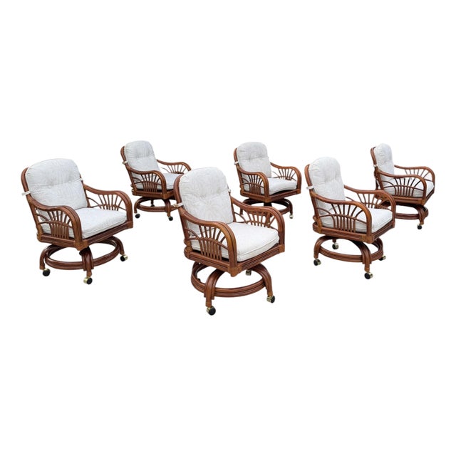 Vintage Sunburst Rattan Swivel Armchairs on Casters, Set of 6 For Sale