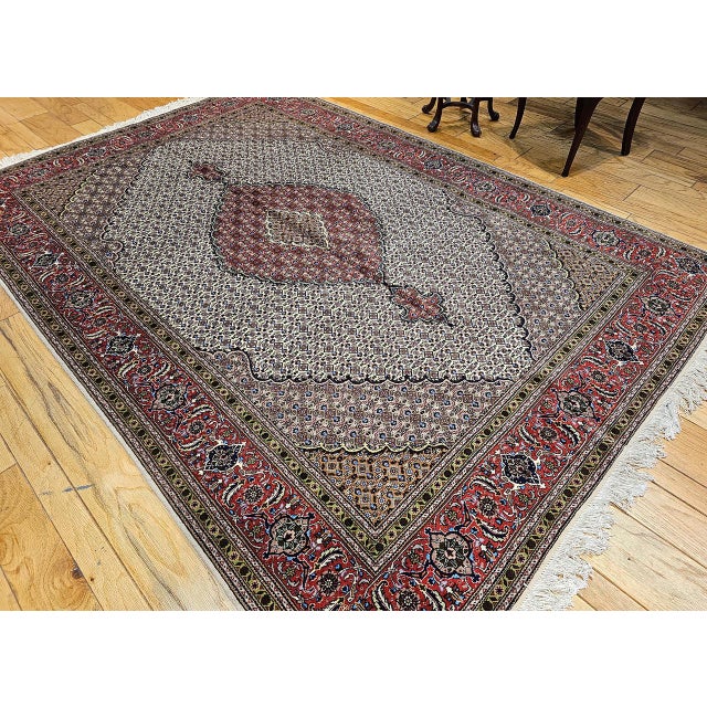 Textile Antique Persian Tabriz Mahi Rug, Hand-Knotted Wool & Silk, Herati Geometric Pattern, Ivory & Red, 7x10 For Sale - Image 7 of 17