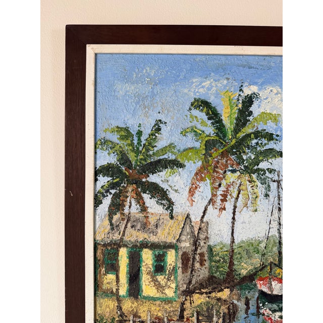 Wood Vintage Caribbean Tropical Coastal Landscape Oil on Canvas Painting, Framed For Sale - Image 7 of 13