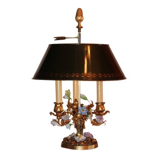 19th Century Antique Dore Gilt Bronze San Vincennes Meissen Porcelain Flowered "Louis Xvi" Bouillotte Table Lamp For Sale