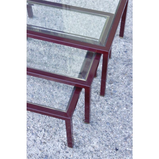 Bordeaux and Brass Lacquered Metal Tables from Maison Jansen, France, 1950s, Set of 3 For Sale - Image 6 of 17