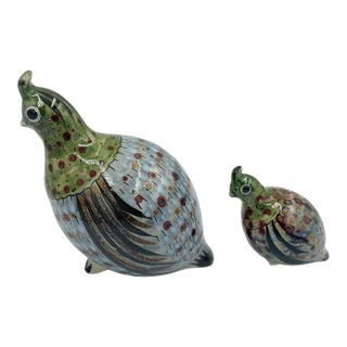 Folk-Art Ken Edwards Tonala Pottery Hand Painted Palomar Quail Mama & Baby Bird For Sale