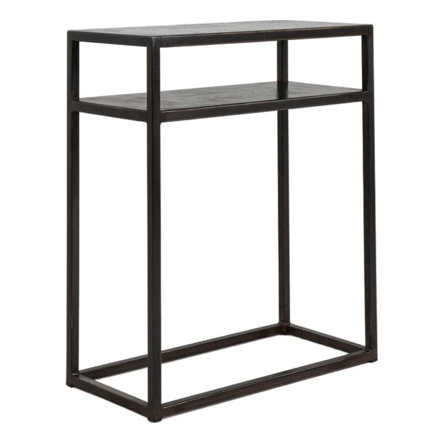 21st Century Poland Blackened Iron Black Metal-Framed Side Table With Glass Top And Shelf For Sale