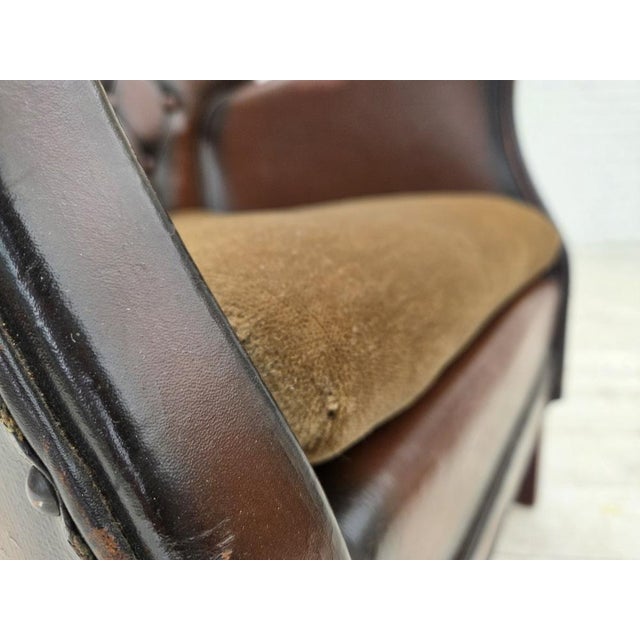 Vintage Danish Lounge Chair in Brown Furniture Leather and Velour, 1930s For Sale - Image 16 of 18