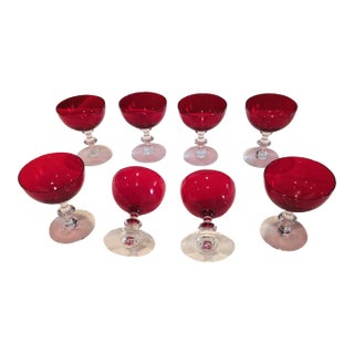 Set of Eight Vintage Ruby Red With Clear Faceted Stems Champagne Glasses For Sale