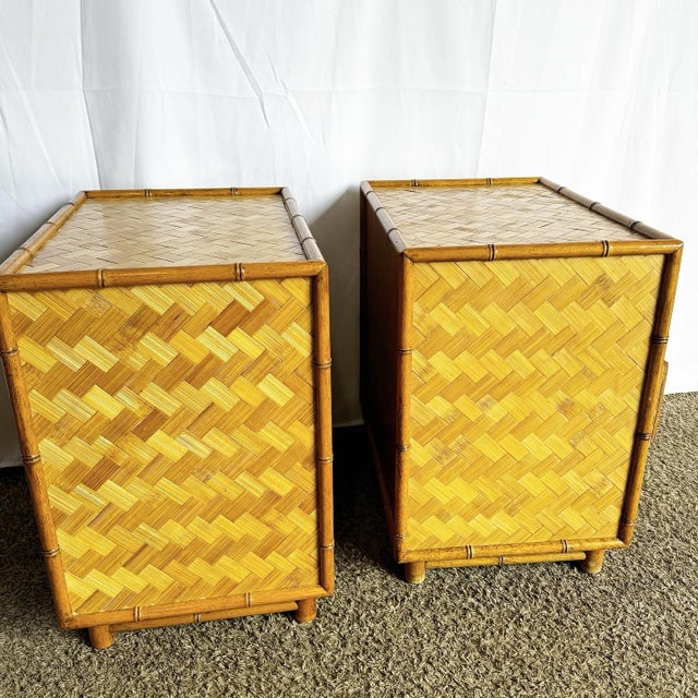 Boho Chic Faux Bamboo & Herringbone Nightstands/Side Tables - Set of 2 For Sale - Image 9 of 9