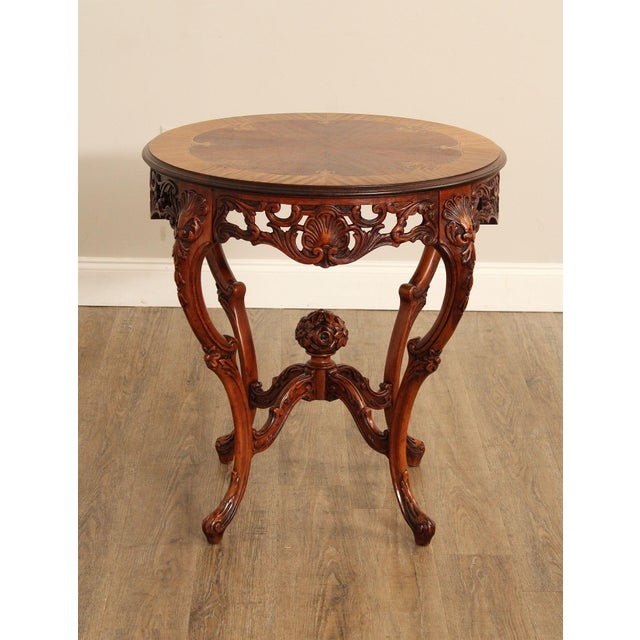High Quality Shell-Carved Accent Table with Marquetry Inlaid Satinwood Starburst Top