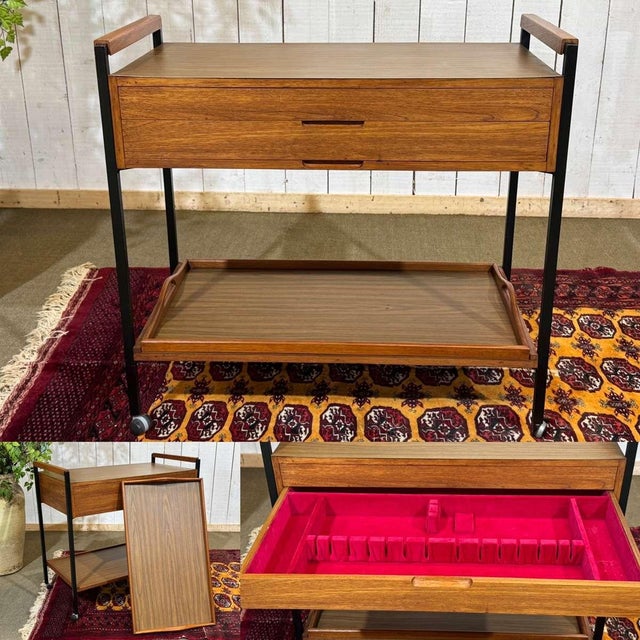 1970s English teak serving cart on wheels - L=86cm W=46cm H=81cm