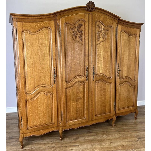 Vintage French Louis XVI Style Carved Oak 4-Door Armoire For Sale - Image 12 of 12