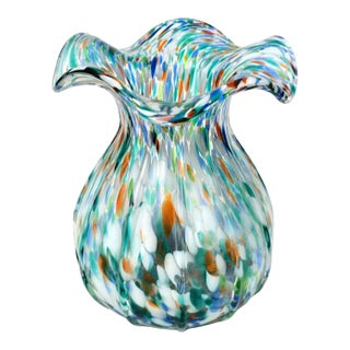 Vintage Hand Blown Art Glass Vase Confetti Ruffle Rim Multicolor Murano Style For Sale