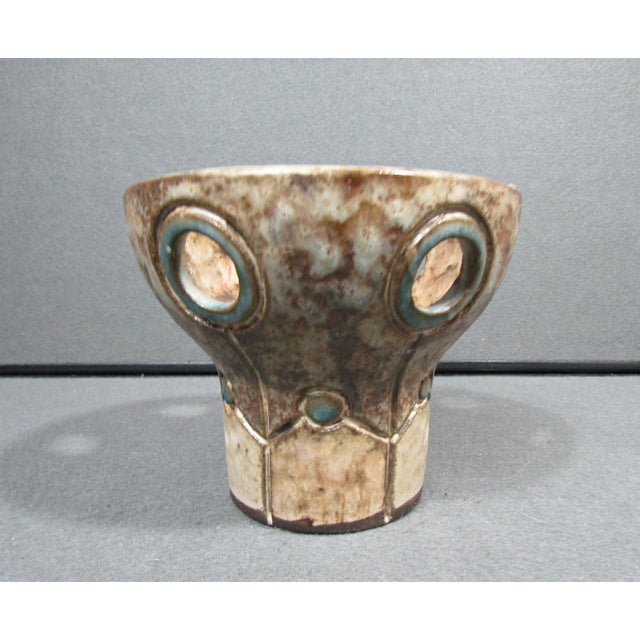 Sculptural Mid-Century Dutch studio pottery tea light holder by noted ceramic artist Hannie Mein (1933–2003). The hand-...