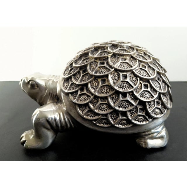 Large lucky fang chuan turtle, a finely sculpted turtle in whie bronze, of a hefty weight, with a warm, silvery finish...