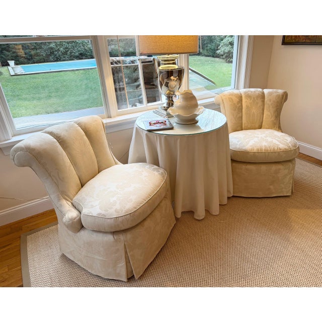 Custom Scallop Backed, Skirted Slipper Chairs in Cloud Dancer Damask, a Pair For Sale - Image 10 of 18
