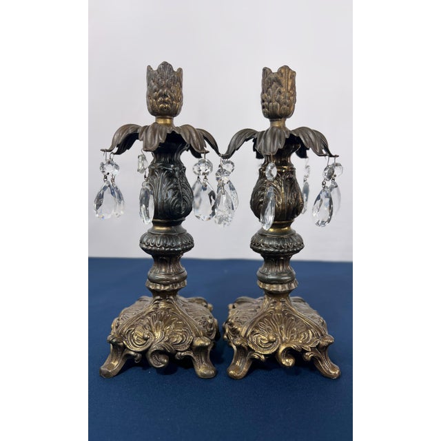 Gilt Brass & Tiered Crystal Girandole Trio - 12" Statement Set For Sale - Image 4 of 9