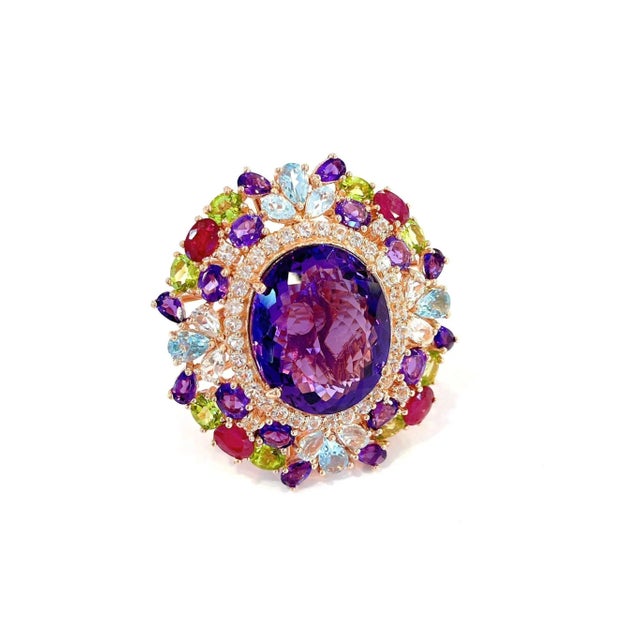 Bochic “Orient” Amethyst & Ruby & Multi Gem Cocktail Ring Set 18K & Silver, Size 6 For Sale - Image 4 of 12