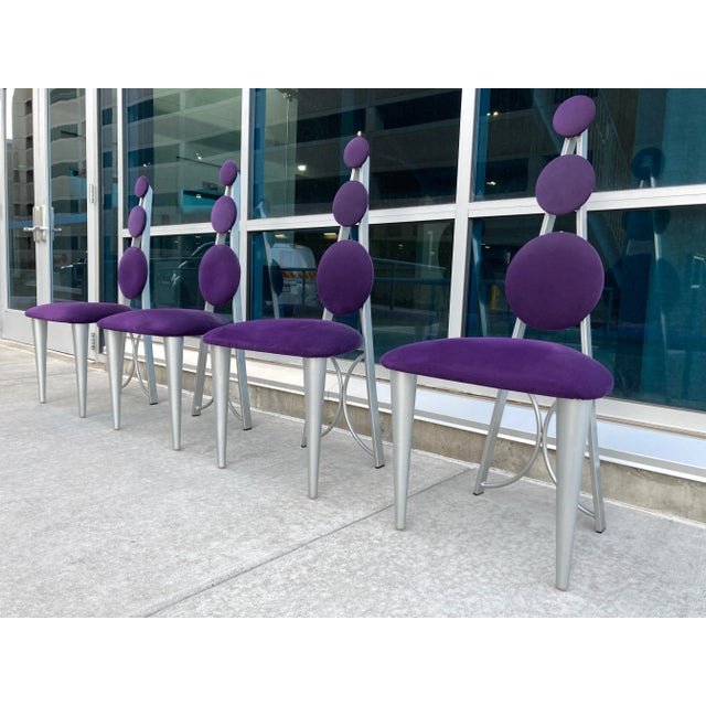 Postmodern American Memphis Style Dining Chairs in Purple & Green Microsuede Upholstered Panels - Set of 6 For Sale - Image 3 of 13
