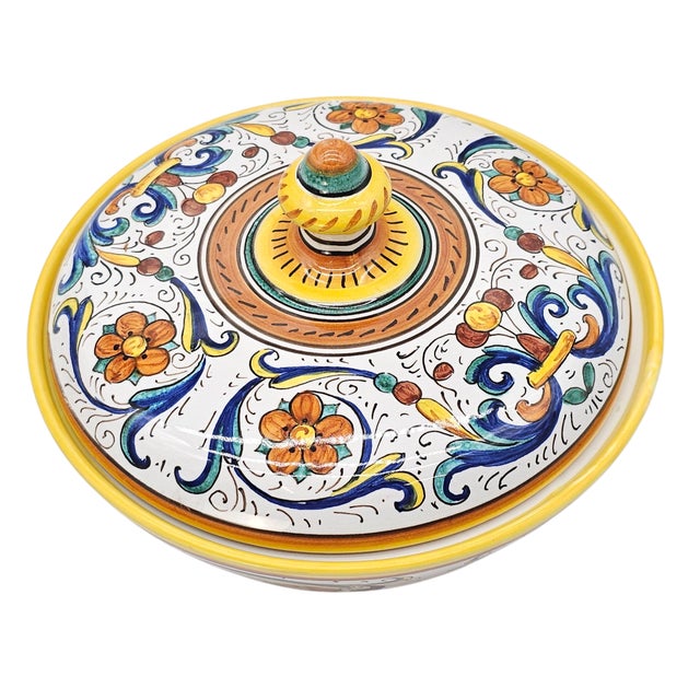 Farmhouse Hand Painted Deruta Italy Raffaelesco Covered Bowl by Sberna – 8" Artisan Pottery For Sale - Image 3 of 9