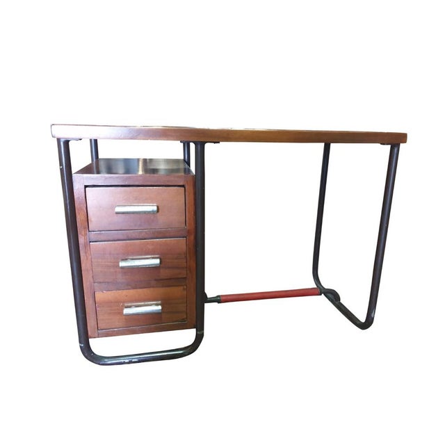 Tan Mid-Century Modern Industrial Desk with Black Metal Frame and Wooden Drawers, 1960s For Sale - Image 8 of 8