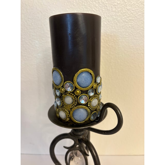 1970s Wrought Iron Candle Holders W/Whimsical Candles - A Pair For Sale In Boise - Image 6 of 7