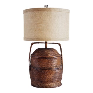 Vintage Chinese Rattan Woven Basket Table Lamp For Sale