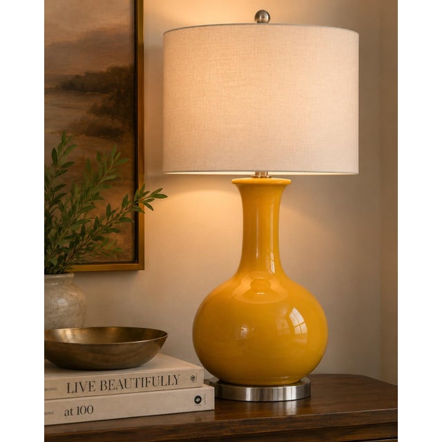 Late 20th Century Mustard Ceramic Gourd Table Lamps With Linen Drum Shades - a Pair For Sale - Image 4 of 4