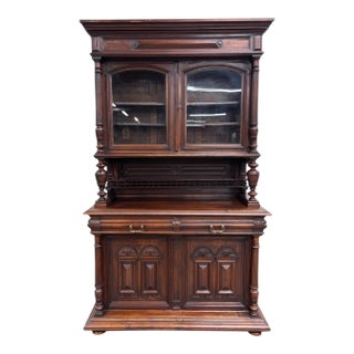 Antique Late 1800s French Renaissance Revival Walnut Step Back Bookcase Cabinet For Sale