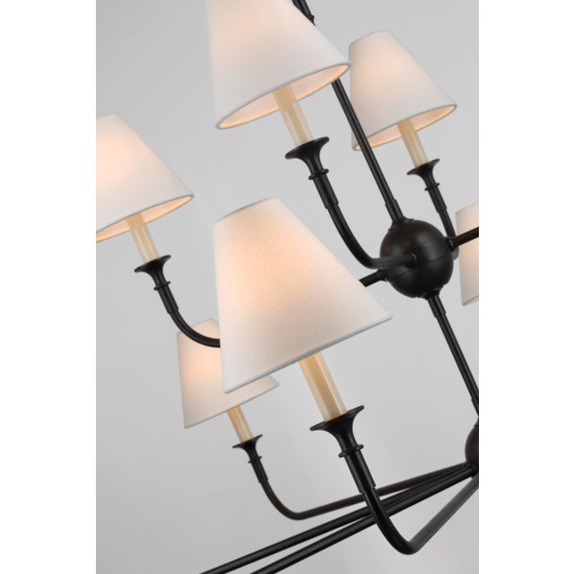 Visual Comfort Thomas O'Brien for Visual Comfort Signature Piaf Grande Two-Tier Chandelier in Aged Iron & Ebonized Oak with Linen Shades For Sale - Image 4 of 5