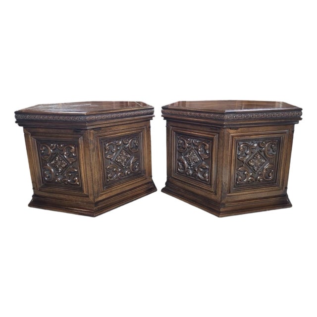 Pair of Vintage Carved Wood Hexagonal End Tables With Parquetry Tops & Storage For Sale